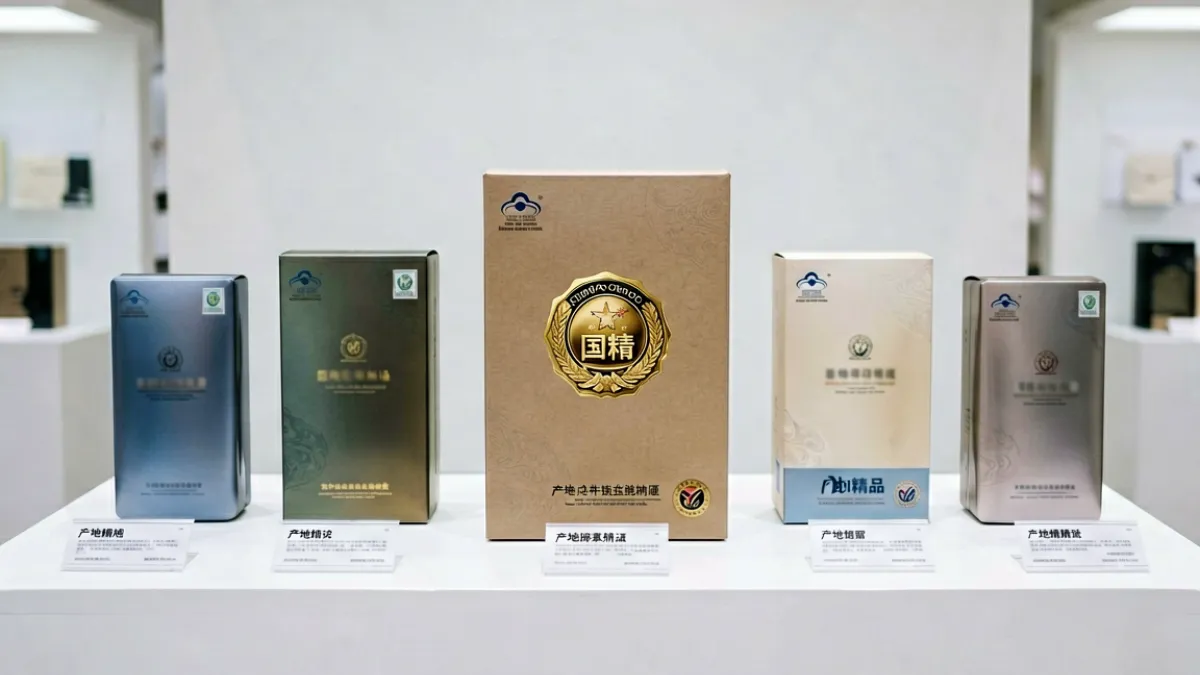 多款同类产品并排陈列，展示99国精产品与其他品类在包装规格和产地标注上的直观差异