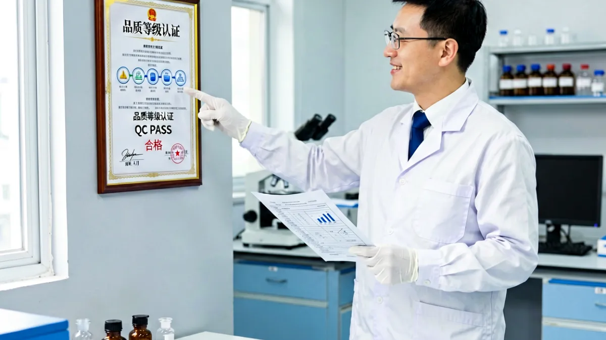 检测人员手持检测报告单，对照99国精产品的品质等级证书进行逐项核验