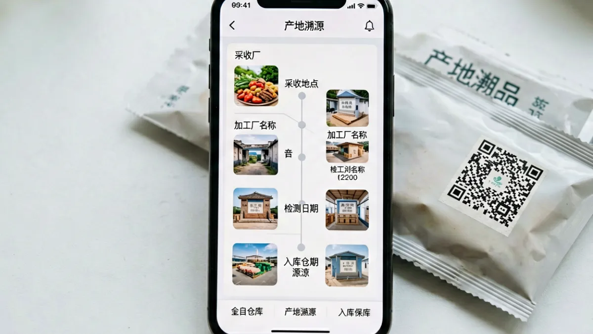 产地溯源扫码界面，显示99国精产品从采收到入库的完整流转记录