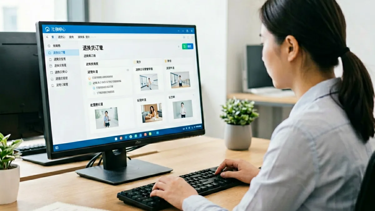 客服人员处理99国精产品退换货申请，电脑屏幕显示订单流程状态