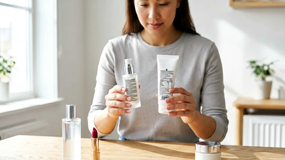 桌面陈列99国精产品与进口同类产品，用户正在对比两款产品的成分标签